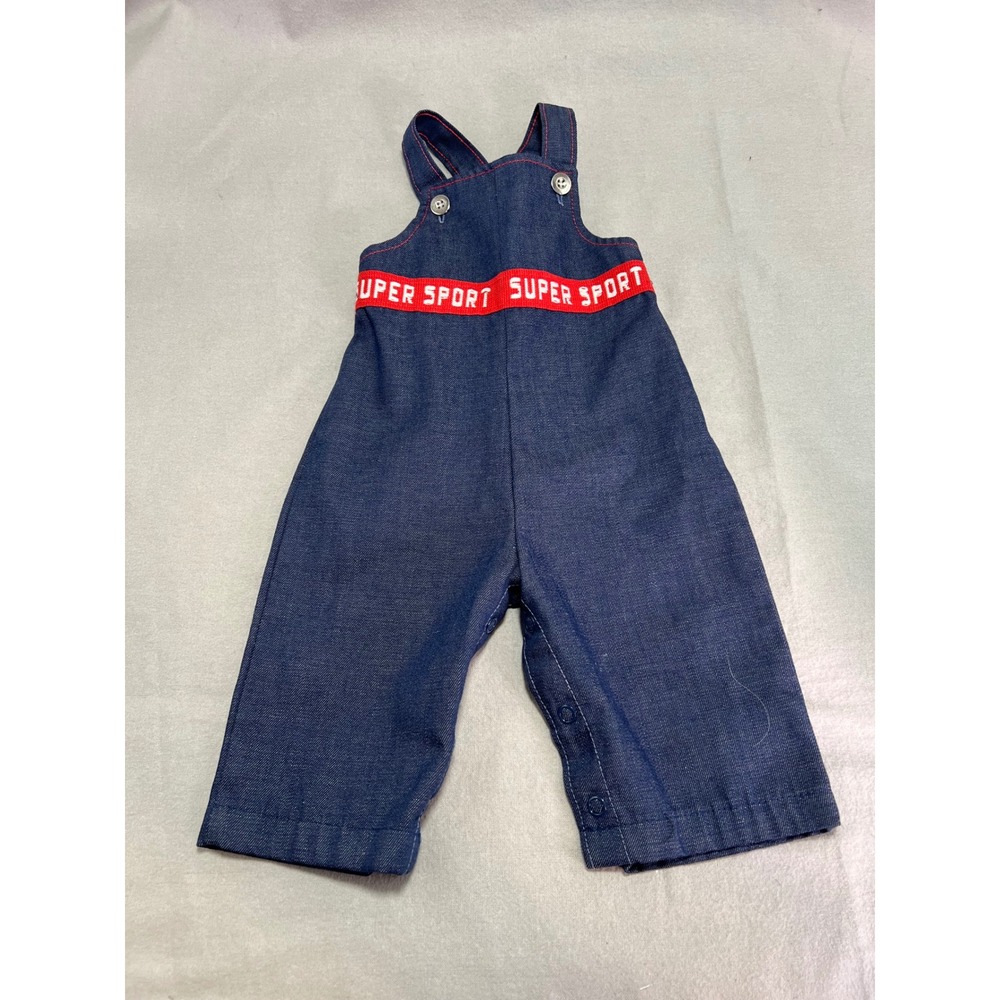 Health-tex Overalls Blue Denim Super Sport Red Graphic 70s Vintage 6 Months